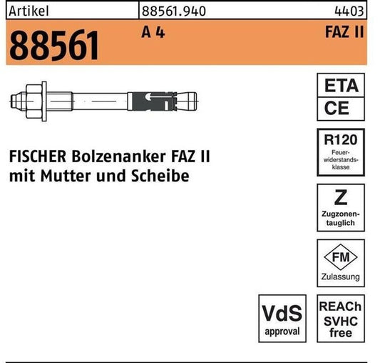 Fischer FAZ II 16/5 A4 Bolzenanker M16×64 Schwerlastanker – 20 Stück